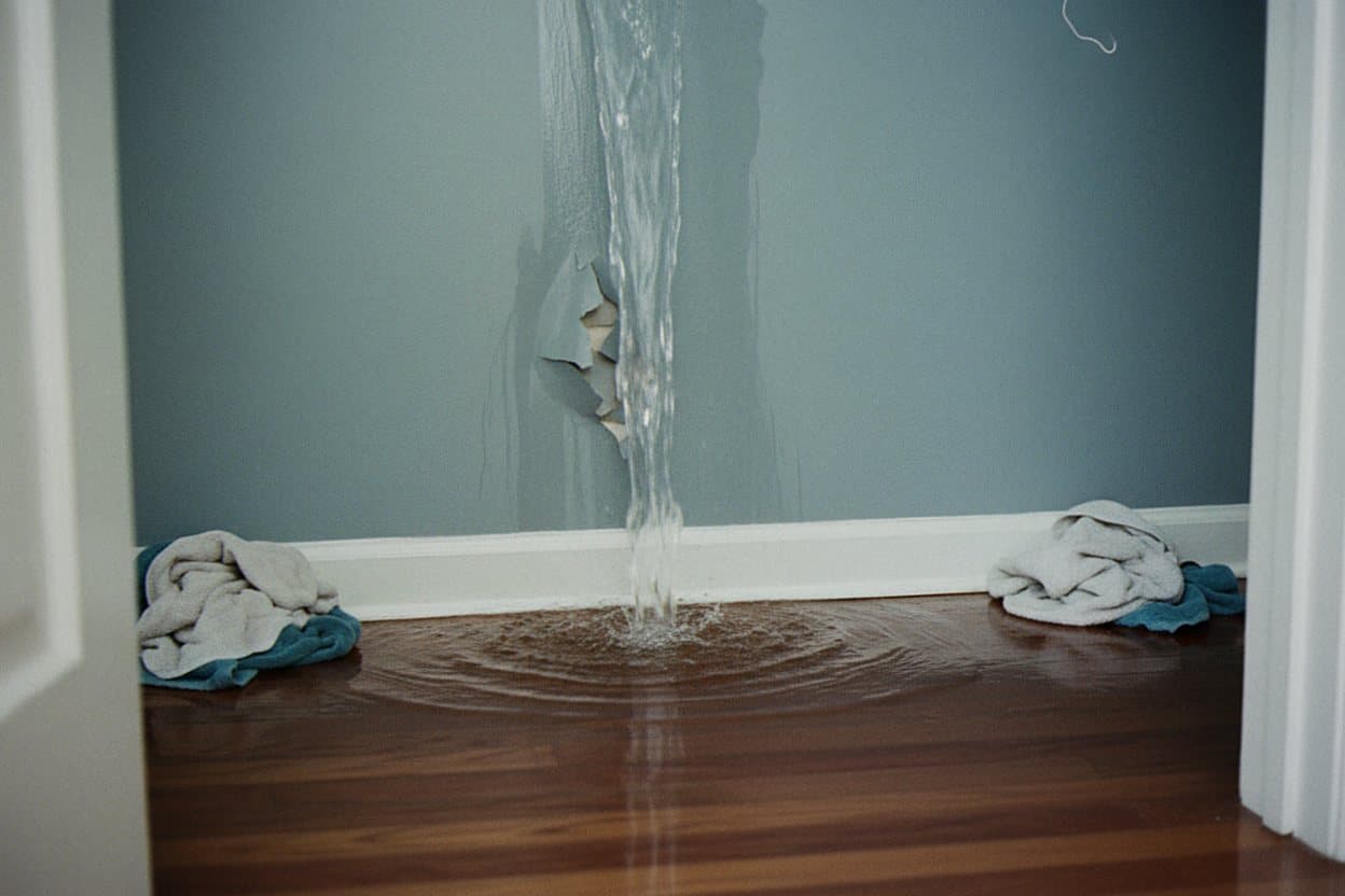 Water damage to drywall caused by frozen pipe burst