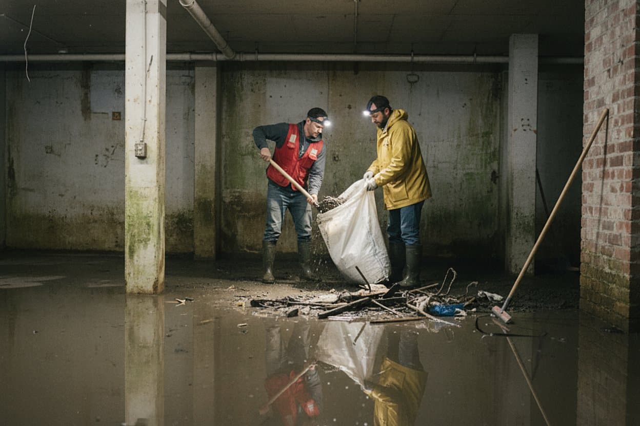 Crew removing damaged materials from flooded basement