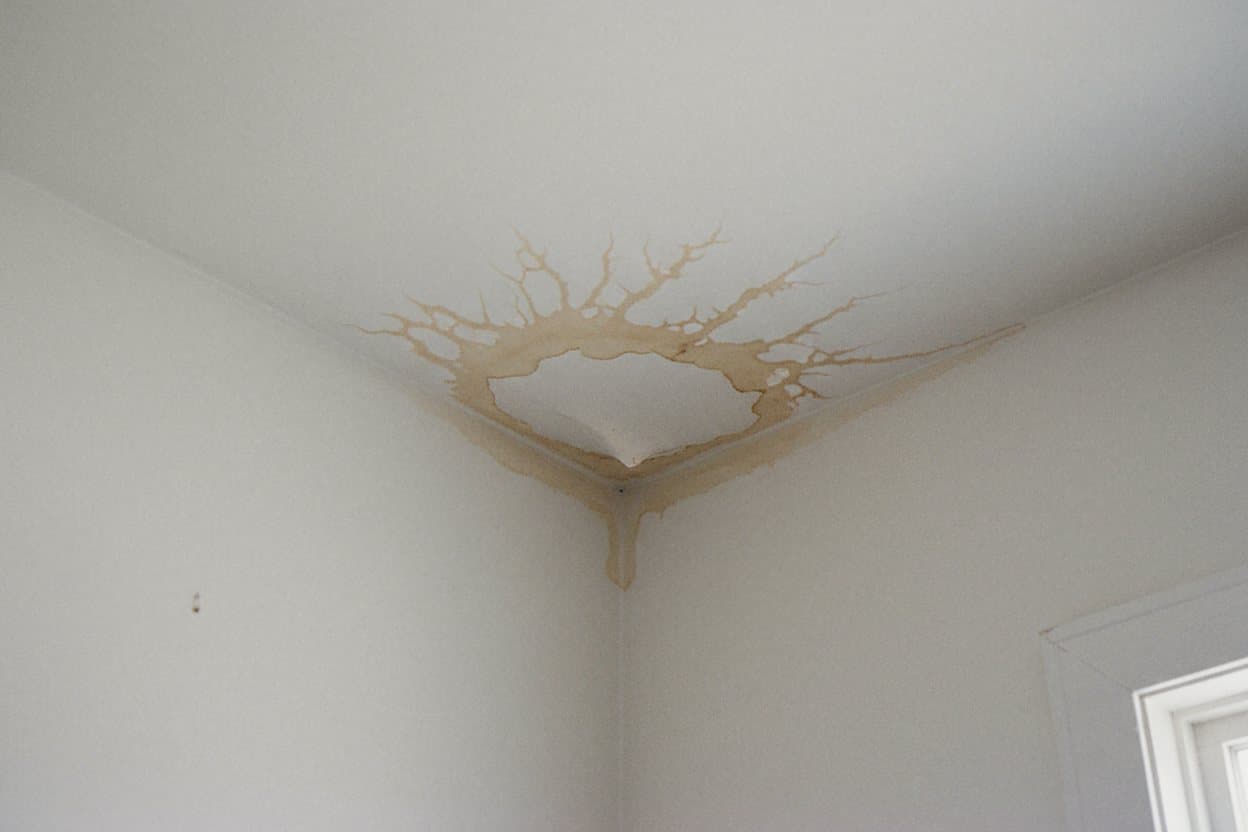 Water staining on ceiling revealing active roof leak